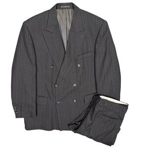 Oscar De La Renta Double Breasted Suit 2pc Striped Wool Grey 42S 38x27